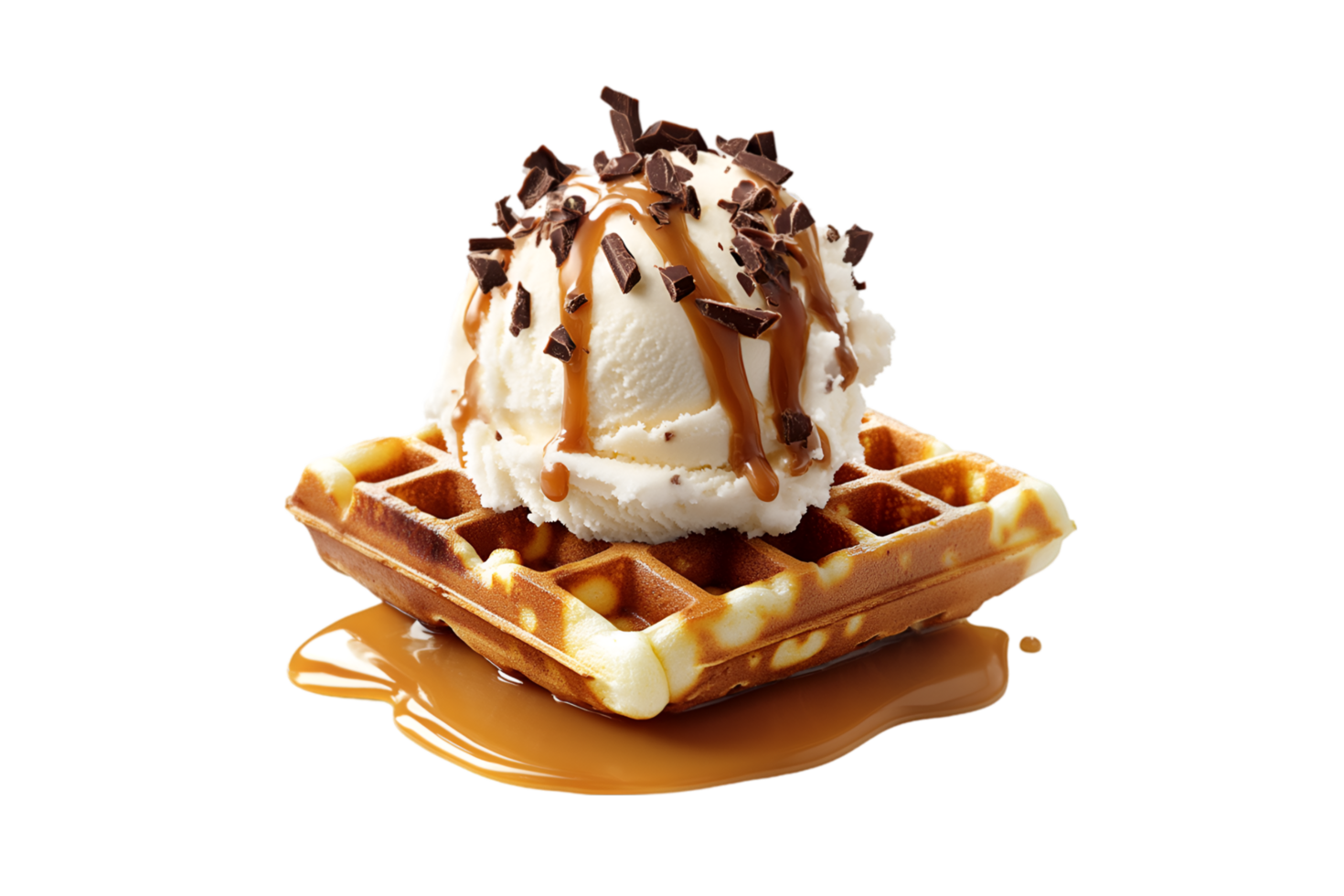 Waffle with ice cream, caramel sauce, and chocolate shavings on a transparent background png