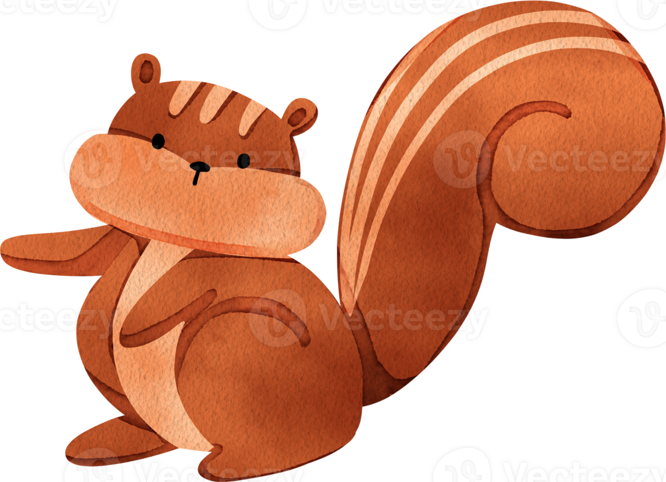 A playful squirrel is standing with its right arm raised, waiting for food, hand-drawn watercolor illustration png