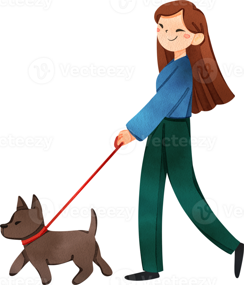 A woman is happily walking her dog, hand-drawn watercolor illustration png