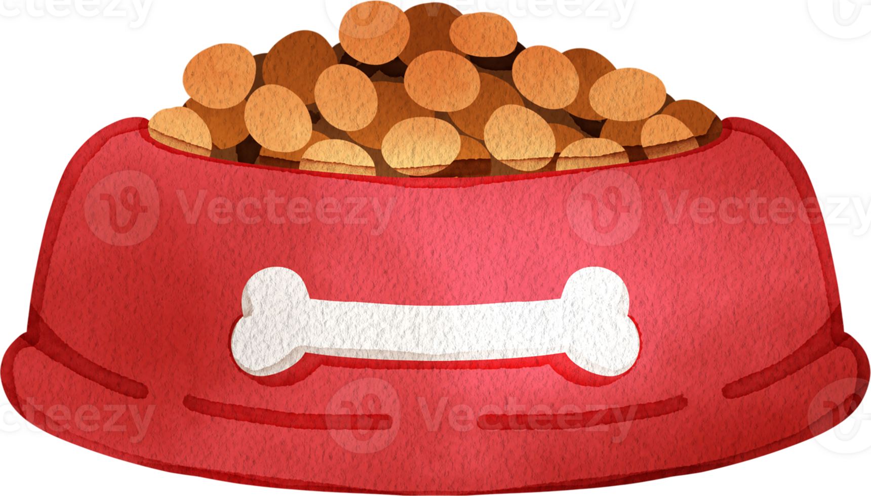 Kibble for dogs is in a large red bowl with a bone pattern, hand-drawn watercolor illustration png