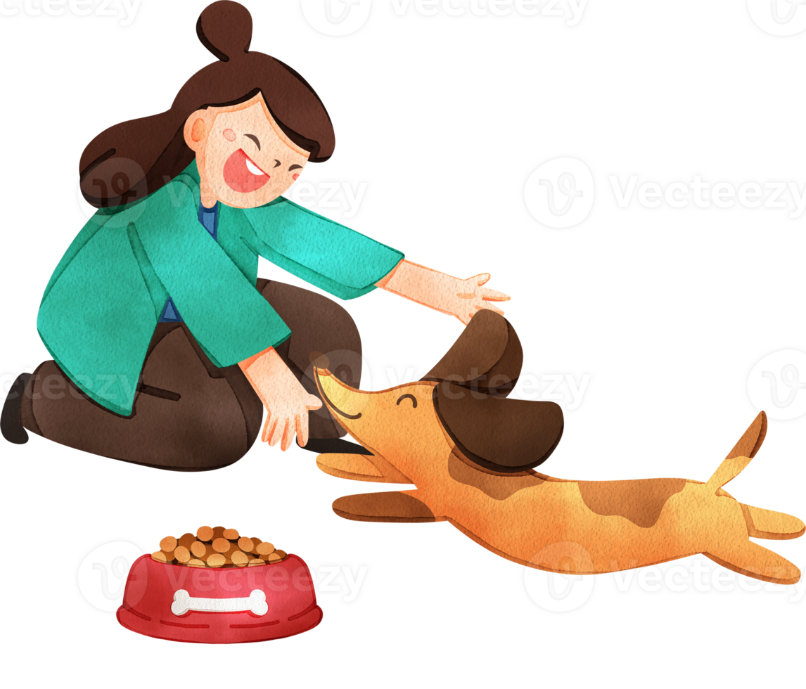 The dog jumped up to the woman who was sitting down with joy, hand drawn watercolor painting png