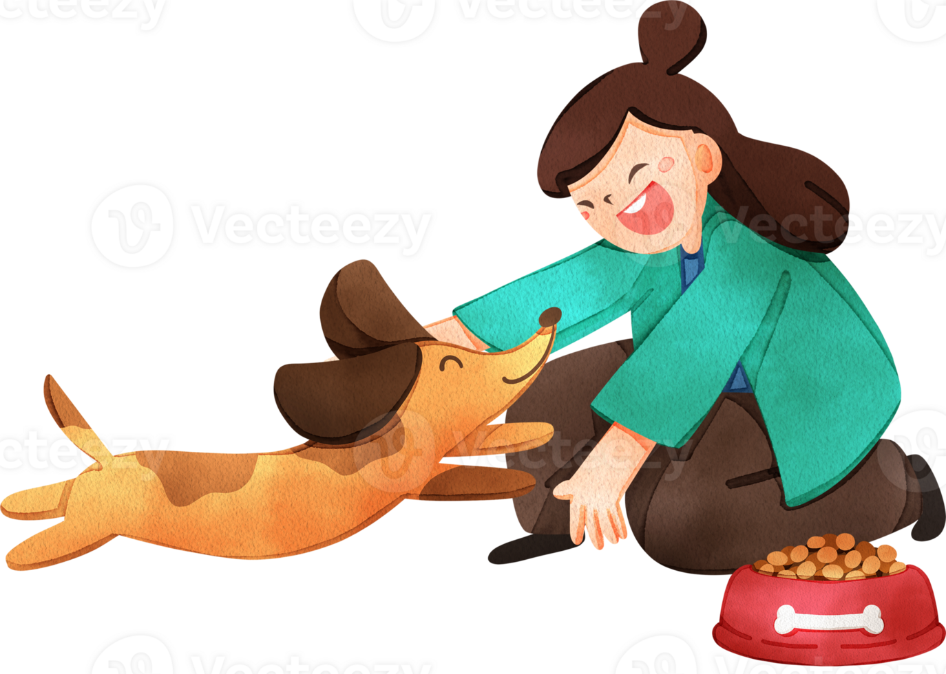 Dog jumps towards woman with joy, kibble nearby, hand drawn watercolor painting png