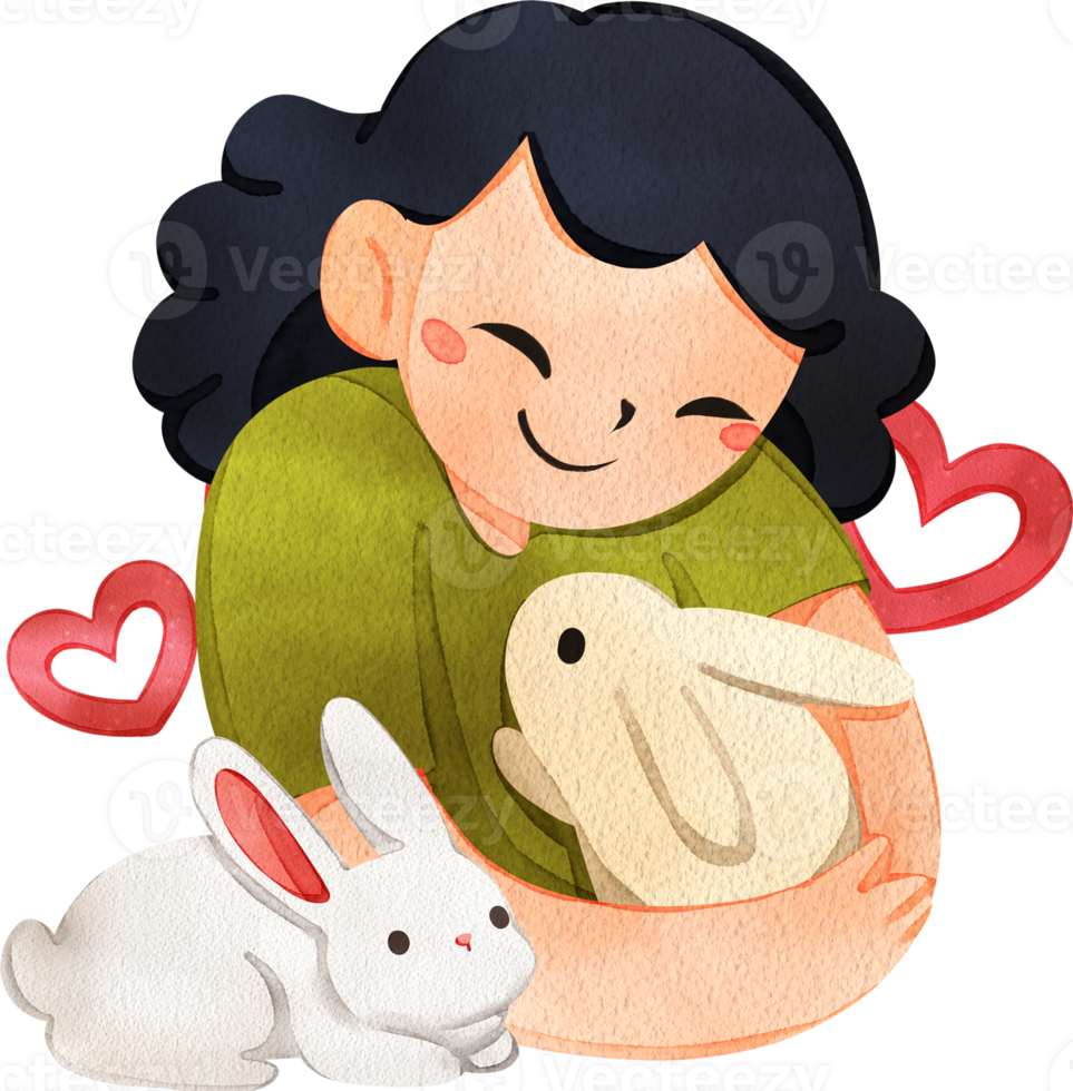 A woman is hugging a rabbit with love, hand drawn watercolor painting png