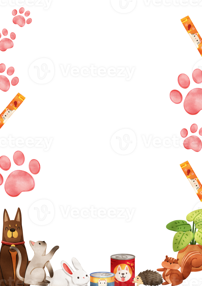 Various pet animals are having fun receiving their food, hand-drawn watercolor painting frame png