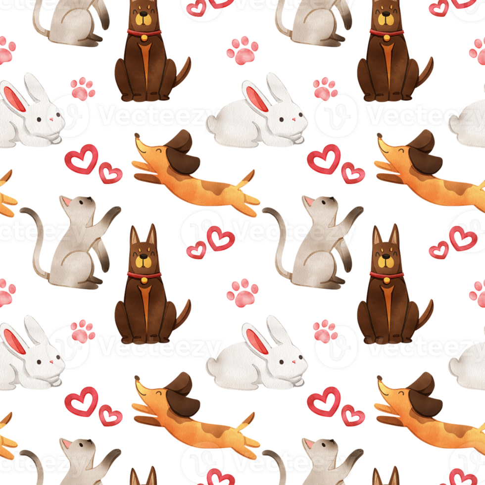 Dog, cat, rabbit, heart love, dog paw prints, hand drawn watercolor seamless pattern design png