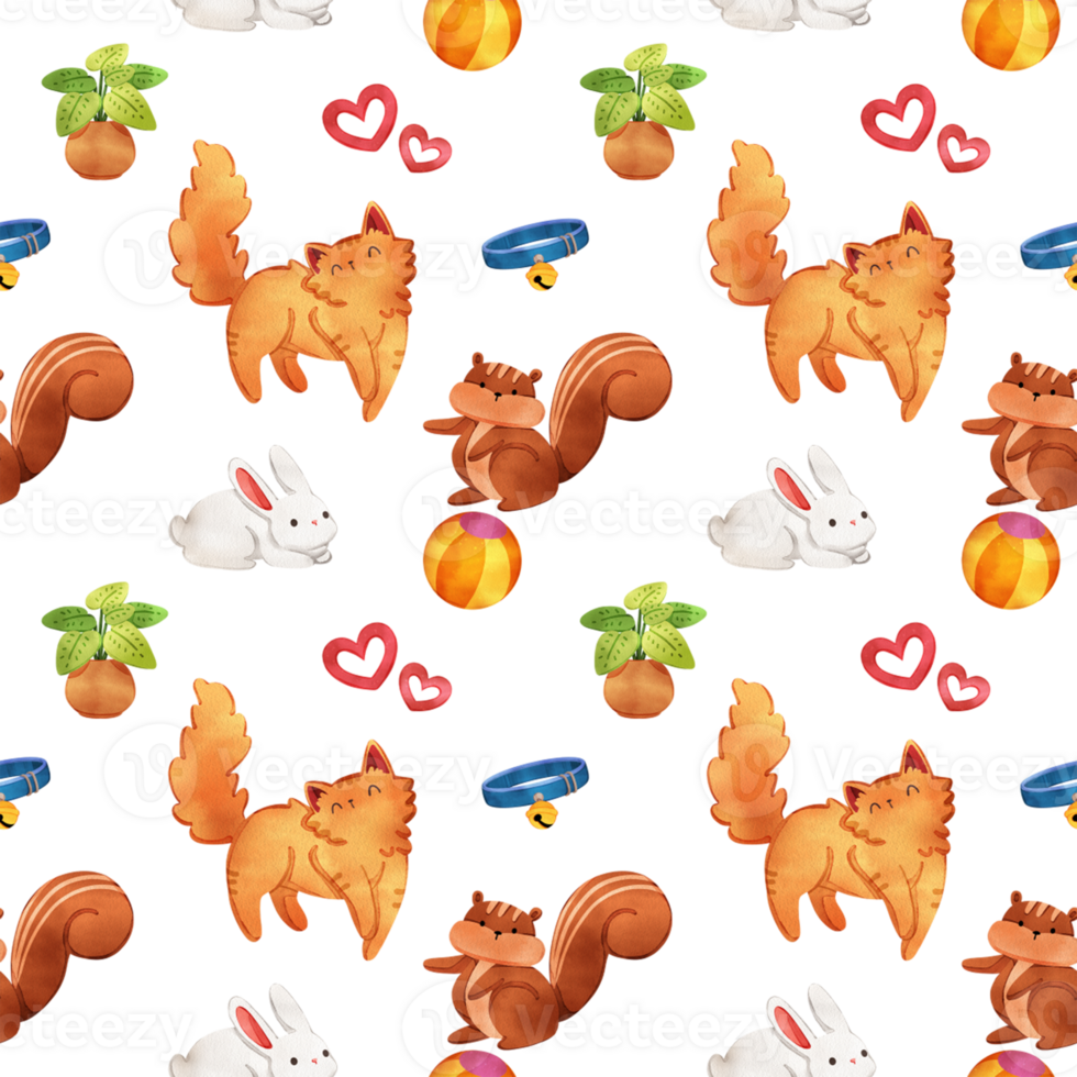 squirrel walks on a ball, rabbits and cats strolls happily, hand drawn watercolor ,seamless pattern png