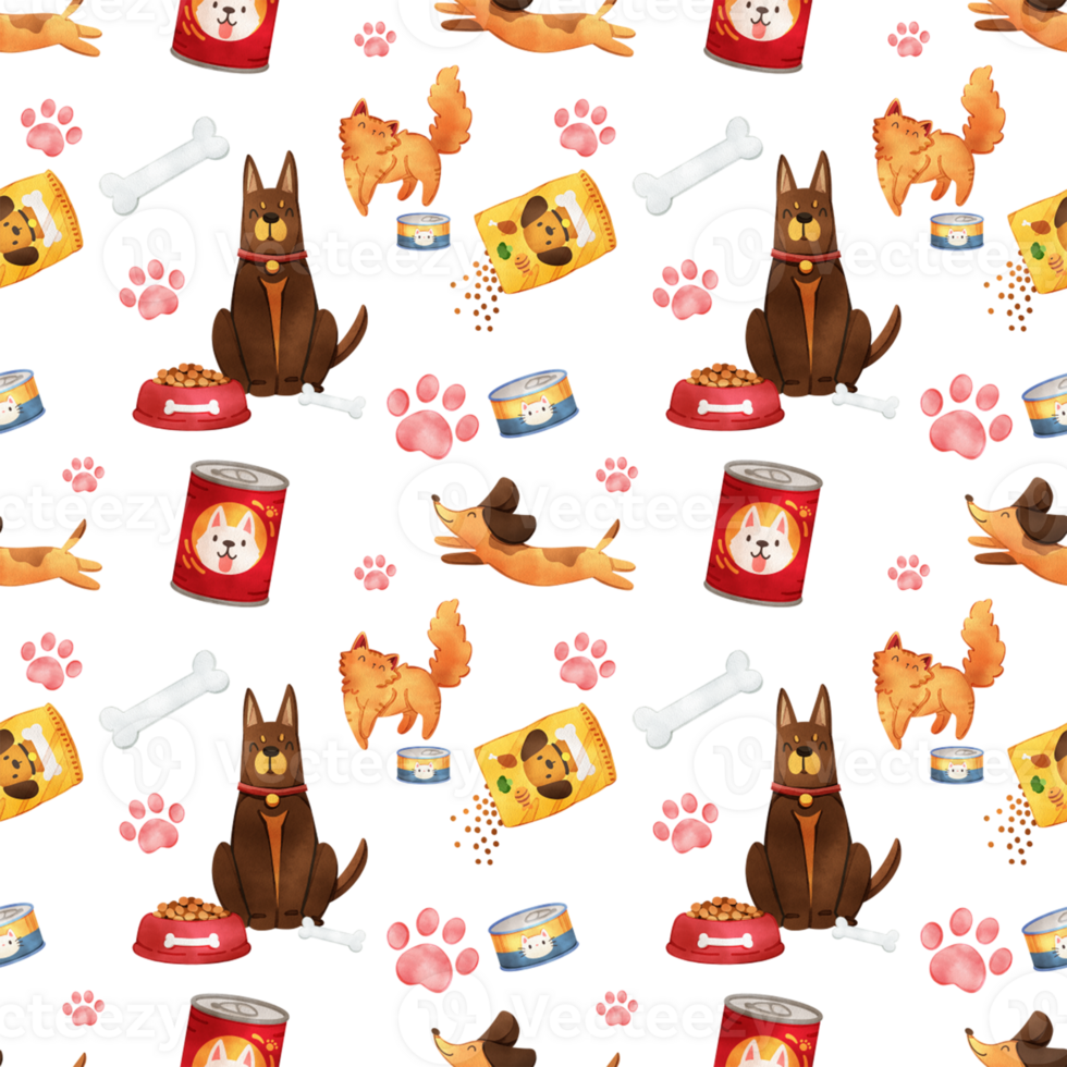 Dogs and cats and their pet food, hand drawn watercolor, seamless pattern design png