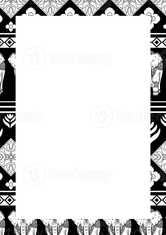 Vertical frame of hand-drawn Thai pattern in line art style. png