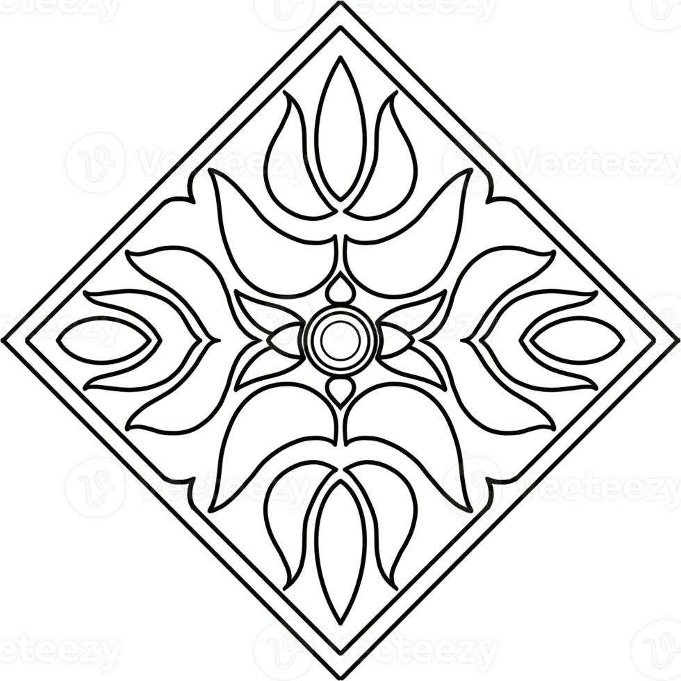 Thai Floral and Leaf Pattern in Square Fram Hand Drawn Illustration png