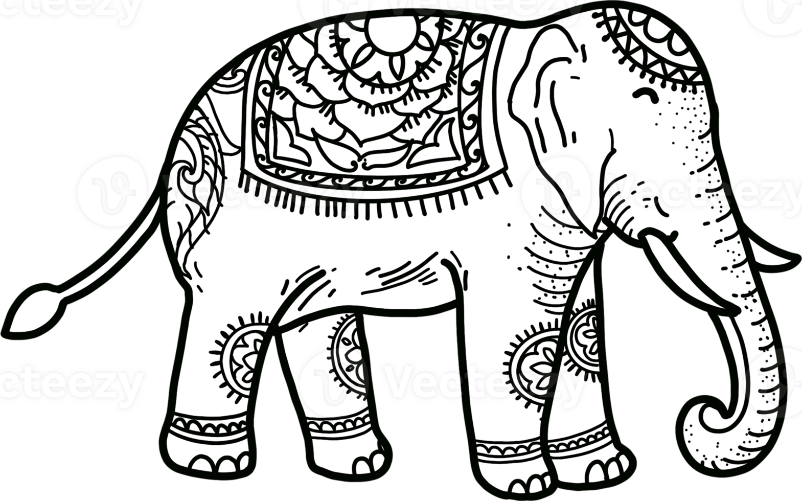 Happy Elephant Wearing Jewelry Standing Side View Thai Line Art Style Hand Drawn Illustration png