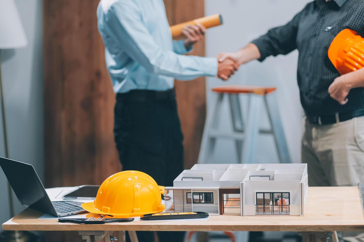 Team Engineers with draft plan of building on constructing site. Engineer work on site. engineer visit and inspection site engineer. Inspector engineer check and working on site. photo