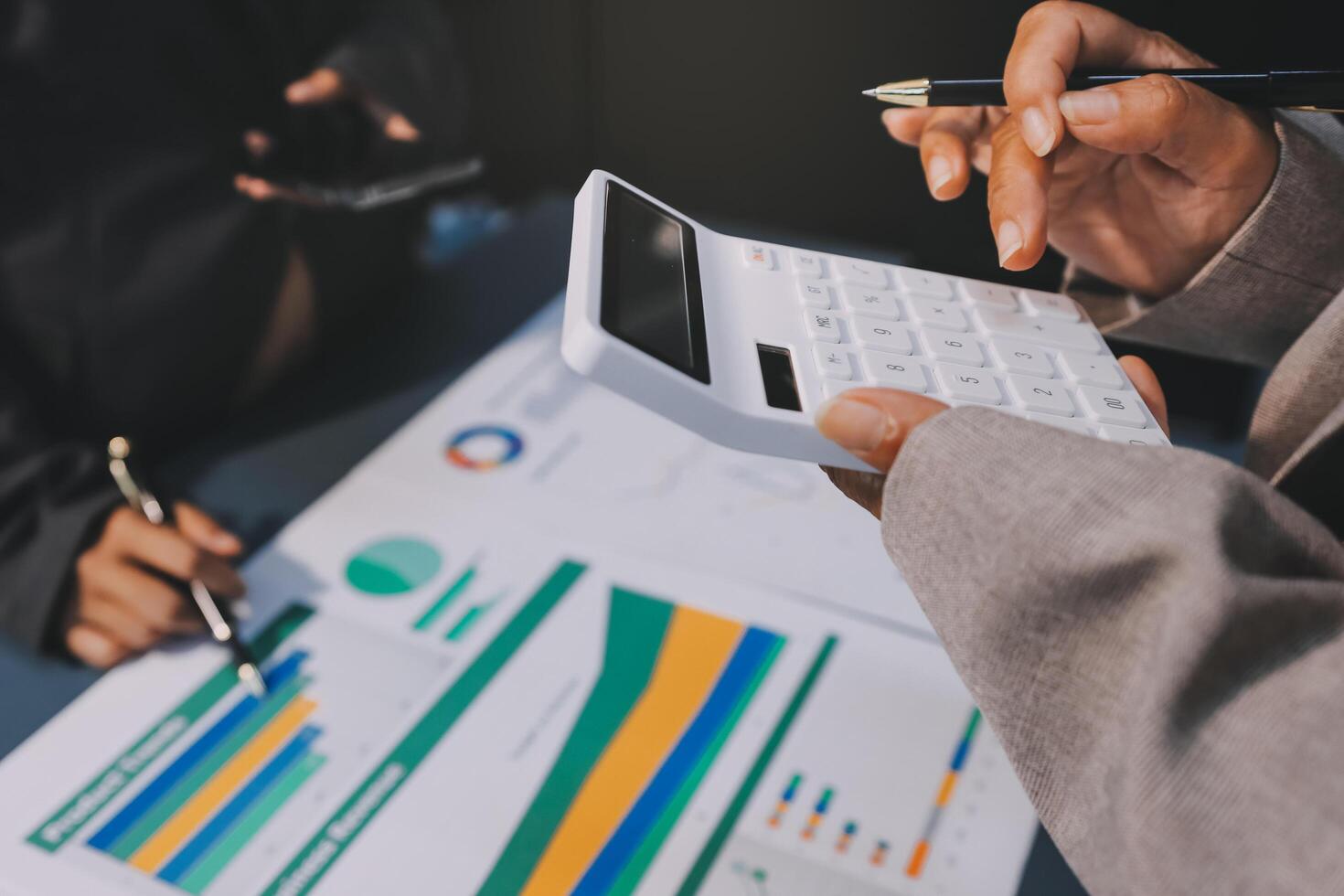 Team of business people are meeting to analyze data for marketing plan,Market research reports and income statistics, Financial and Accounting concept. photo