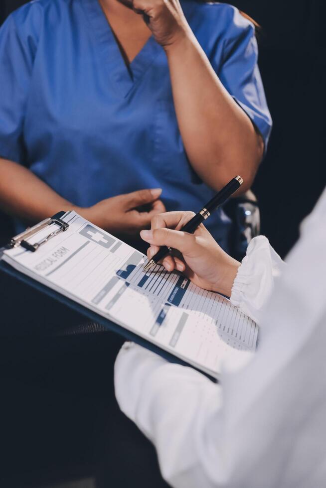 Clinic, tablet and hands of doctor with patient for consulting, medical service and help in hospital. Healthcare, telehealth and people on digital tech for diagnosis, online results and insurance photo