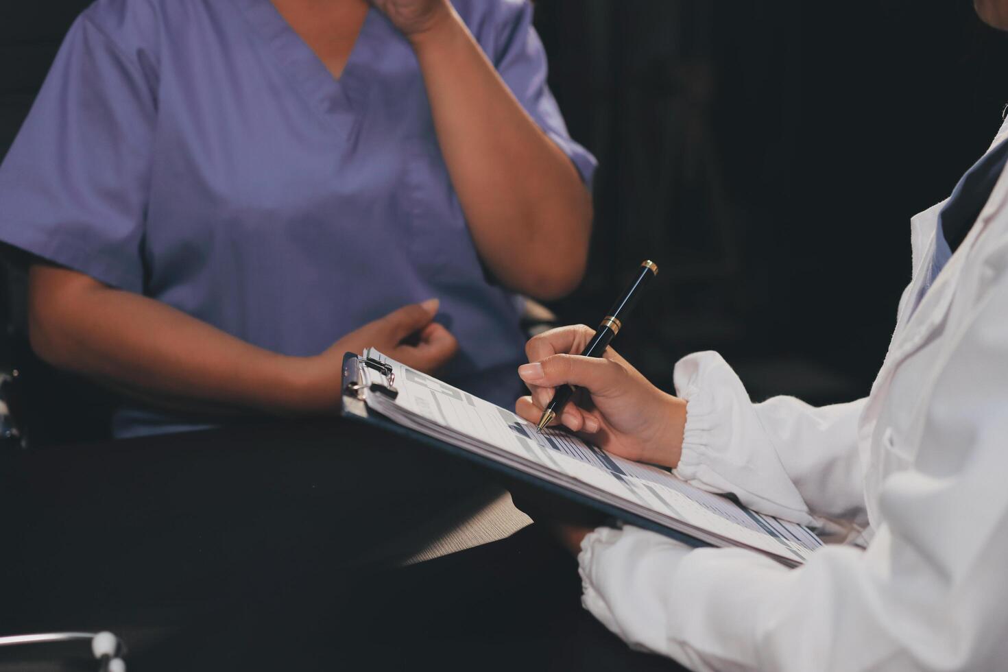 Clinic, tablet and hands of doctor with patient for consulting, medical service and help in hospital. Healthcare, telehealth and people on digital tech for diagnosis, online results and insurance photo