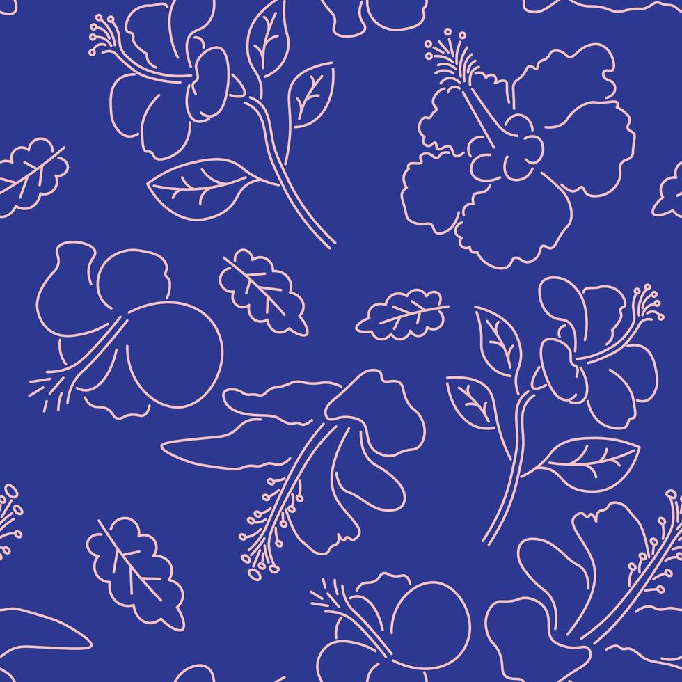 seamless pattern with hibiscus flower in line doodle style vector