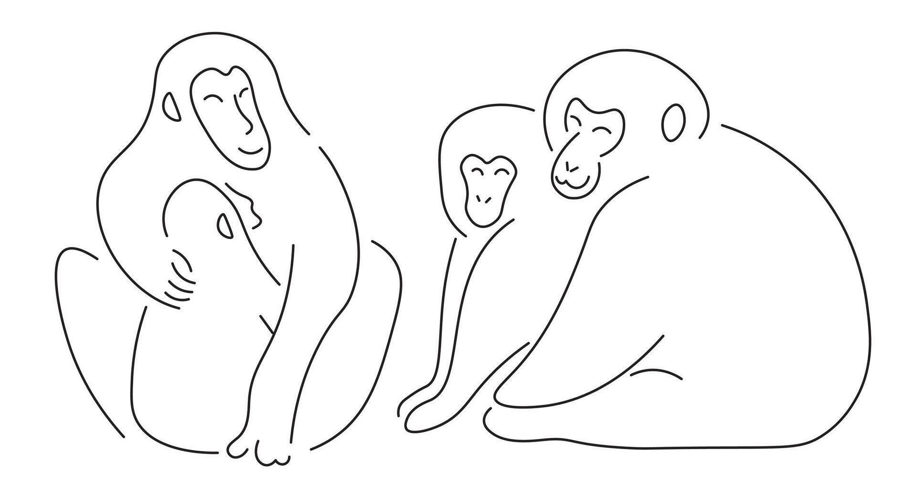 snow monkey family in line doodle style vector