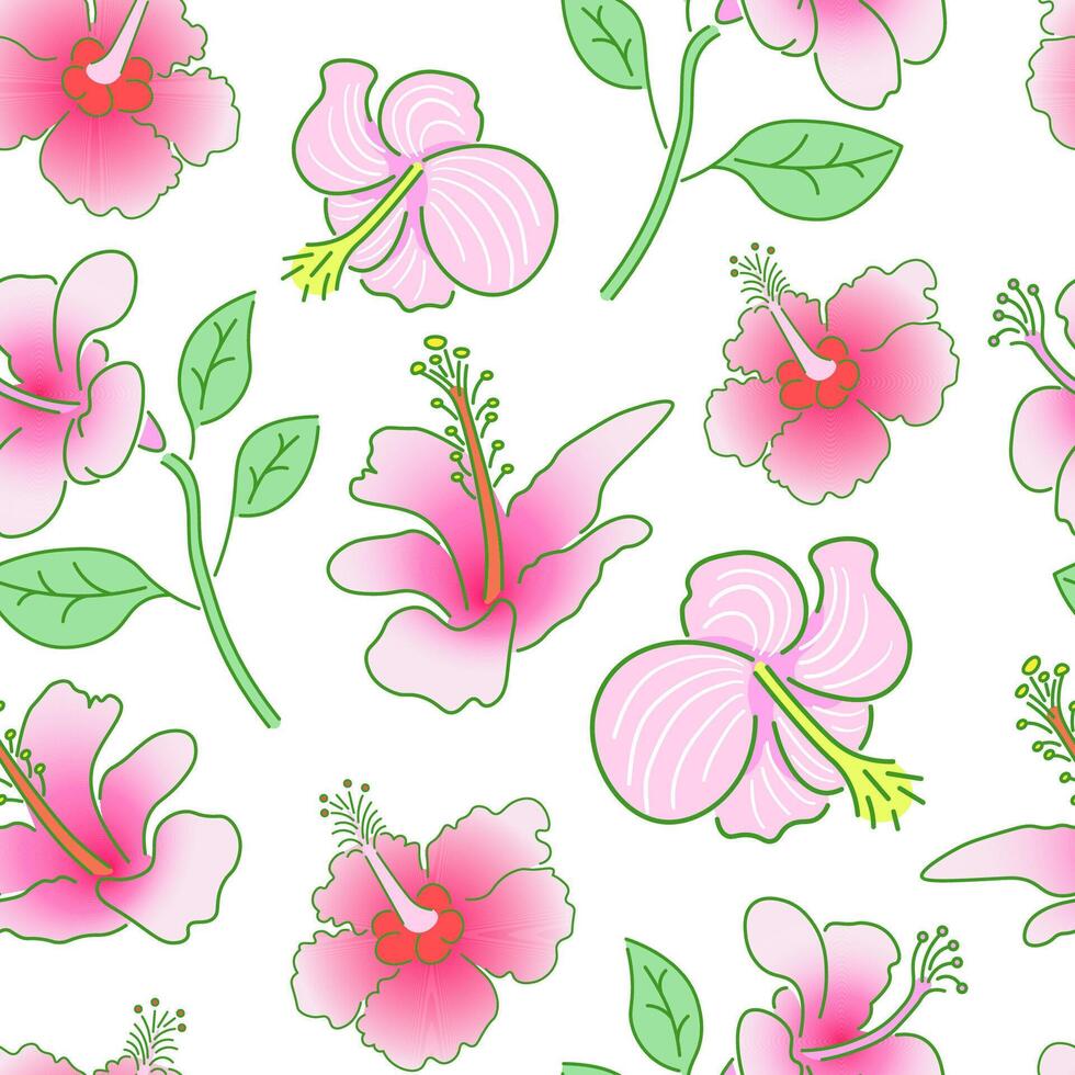 seamless pattern with pink hibiscus flower vector