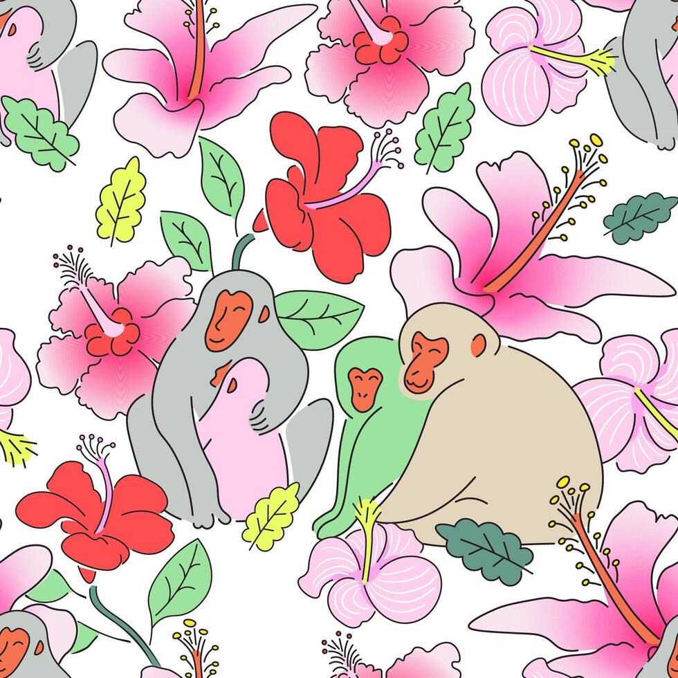 seamless pattern with hibiscus flower and monkey vector