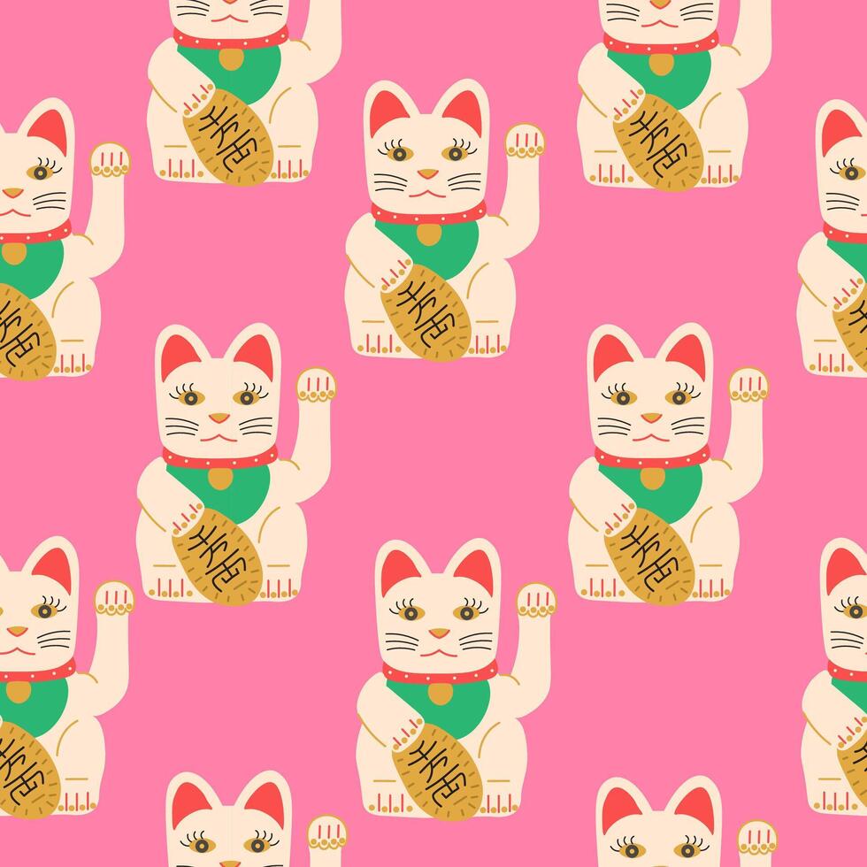 seamless pattern with lucky cat on pink background vector