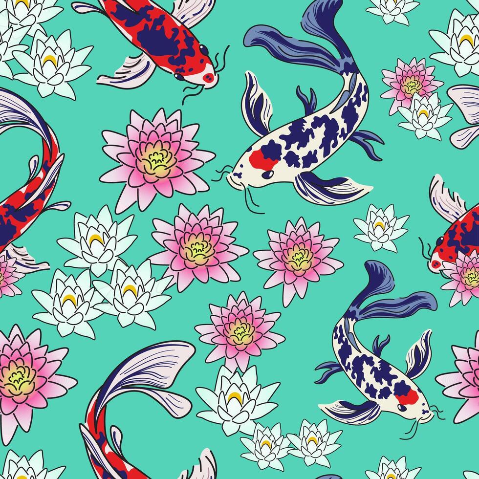 seamless pattern with water lily and koi fish in doodle style vector