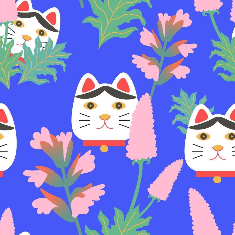 seamless pattern with acanthus and lucky cat head vector