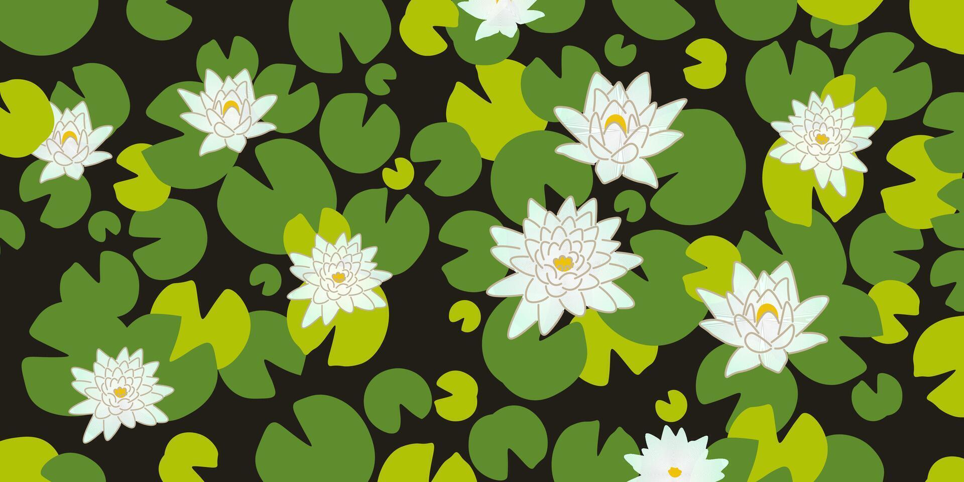 water lily horizontal background with dark water vector