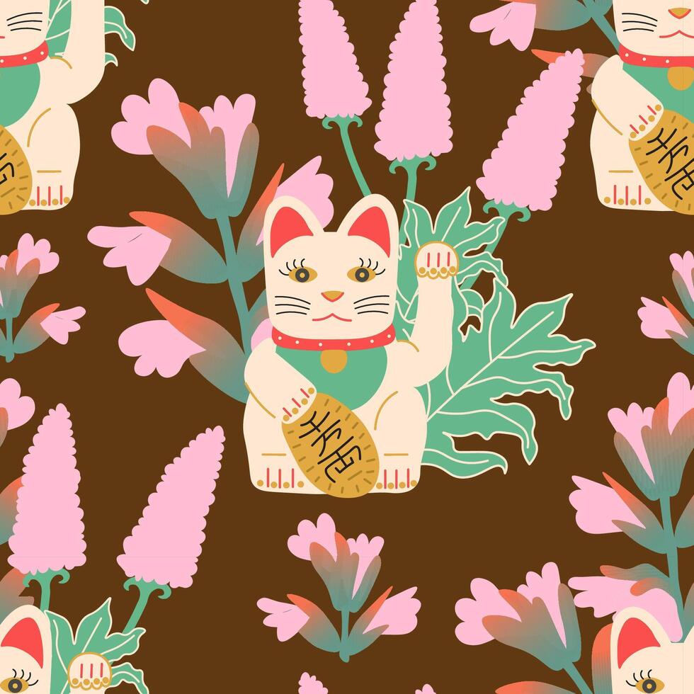 seamless pattern with acanthus and lucky cat on brown background vector