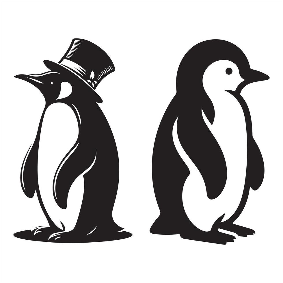 A graphic showing a pair of penguins on a white backdrop. Simple layered graphic drawing that is modifiable. Wild creatures. animals that live in the north. vector
