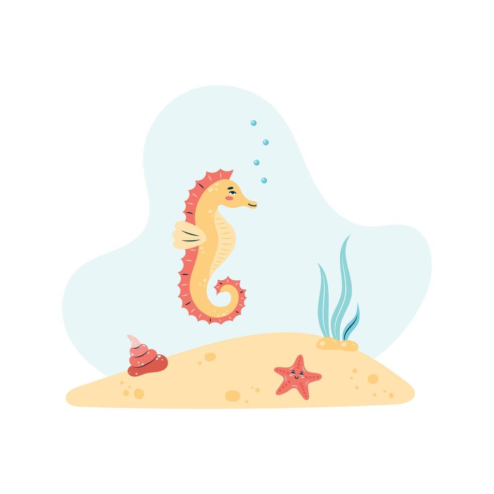 Seahorse swims in the sea underwater. Poster with seahorse on white background. Character in children's style. illustration. vector
