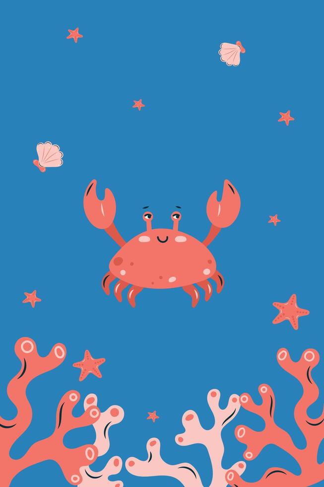 Vertical poster with crab on blue background. Character in children's style. illustration. vector