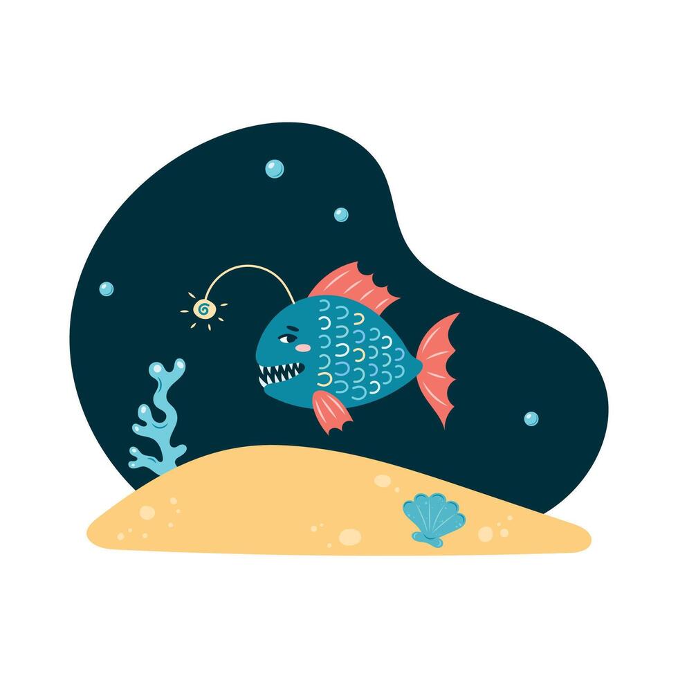 Cute anglerfish at bottom of sea Character in children's style. Isolated illustration. vector