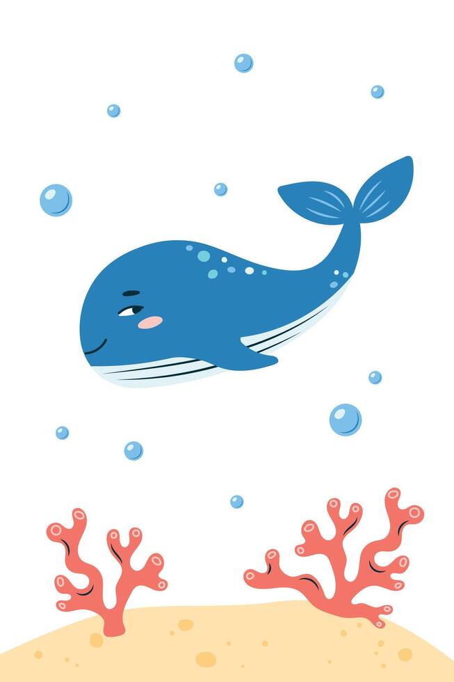Vertical poster with whale. Character in children's style. illustration. vector