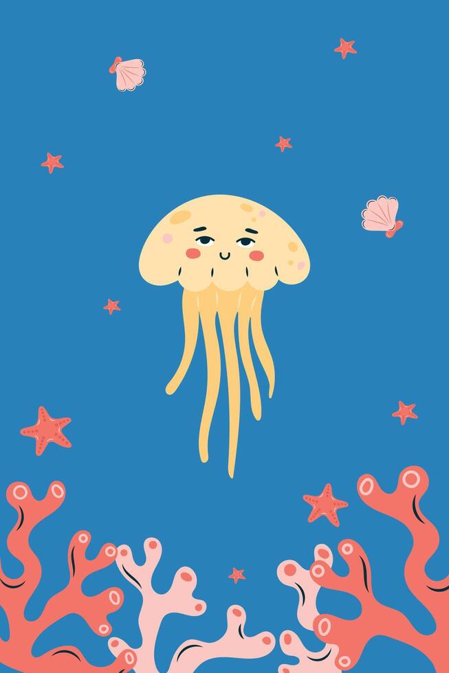 Vertical poster with jellyfish on blue background. Character in children's style. illustration. vector
