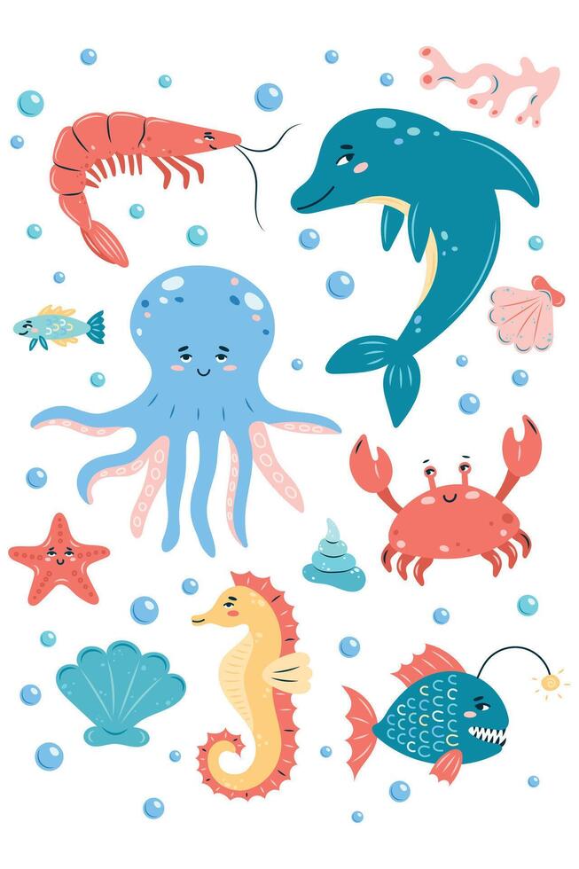 Sea Life Vertical poster on white background. Set of sea animals. Characters in children's style. illustration. vector