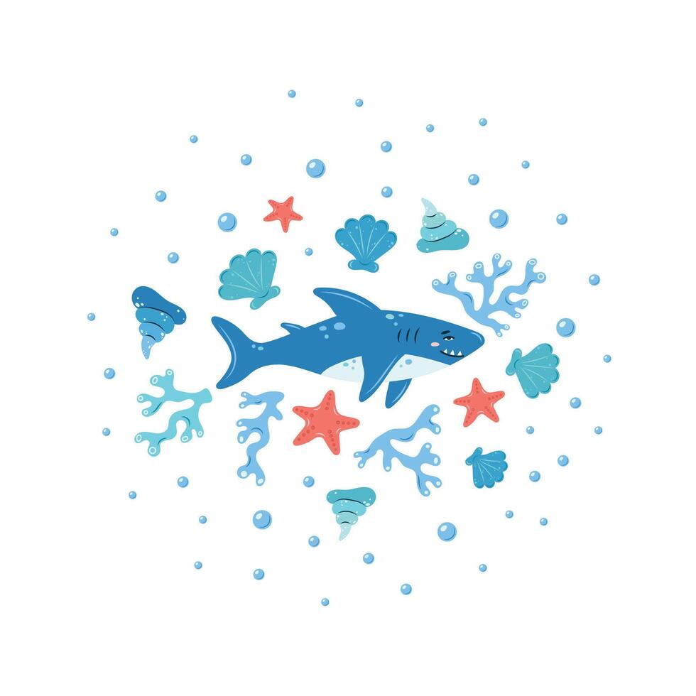 Sea Life round poster. Cute shark on a white background. Set of sea elements. Characters in children's style. illustration. vector
