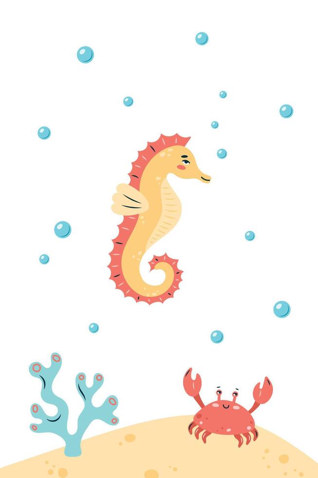 Vertical poster with seahorse on white background. Character in children's style. illustration. vector