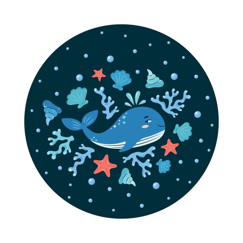 Sea Life round poster. Cute whale on a dark background. Set of sea elements. Characters in children's style. illustration. vector