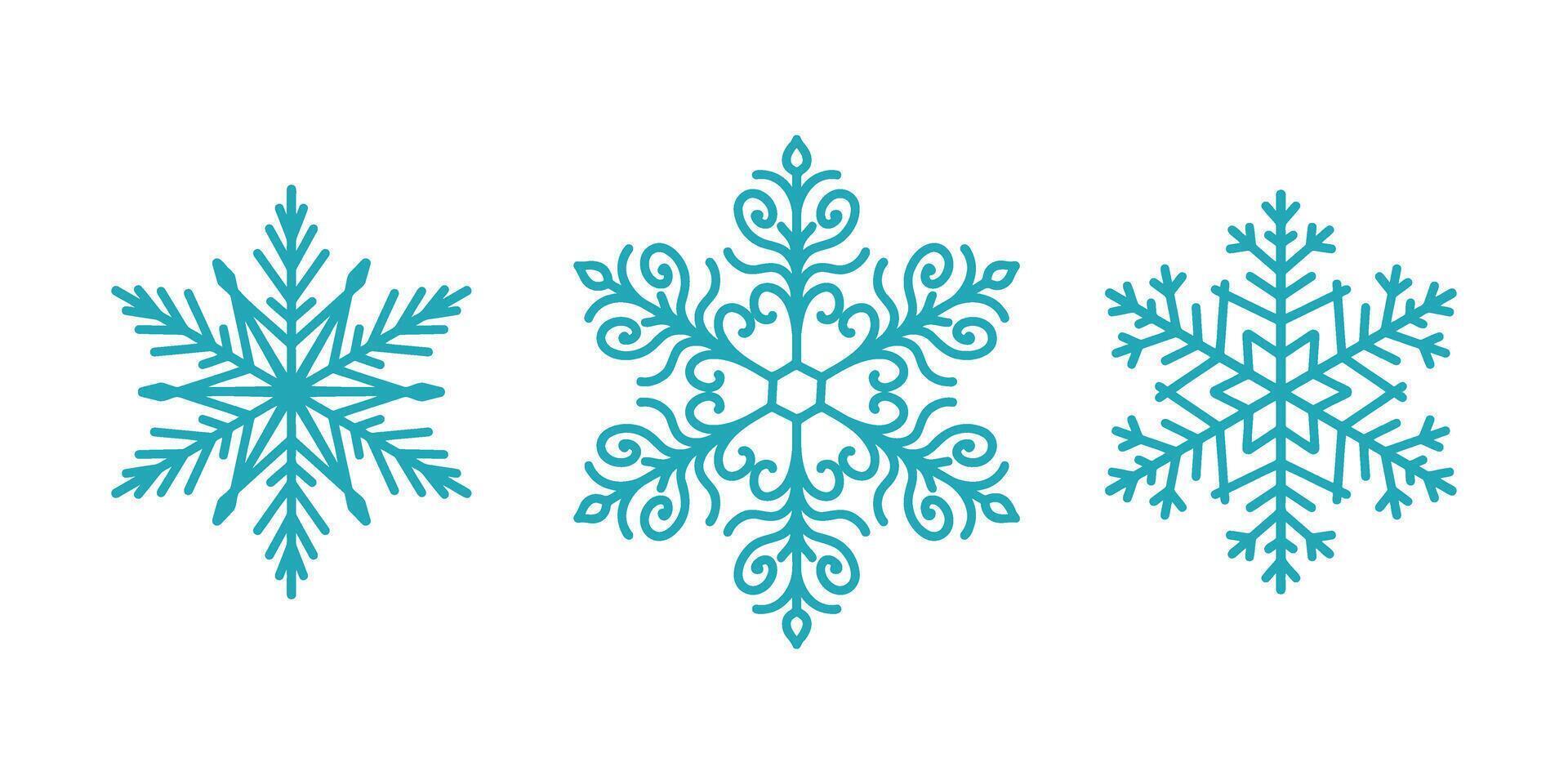 Beautiful snowflakes set, detailed hand drawn flat line illustration. Graphic outline drawing. Christmas and New Year symbol. Unique snowflake silhouette icon for winter designs vector
