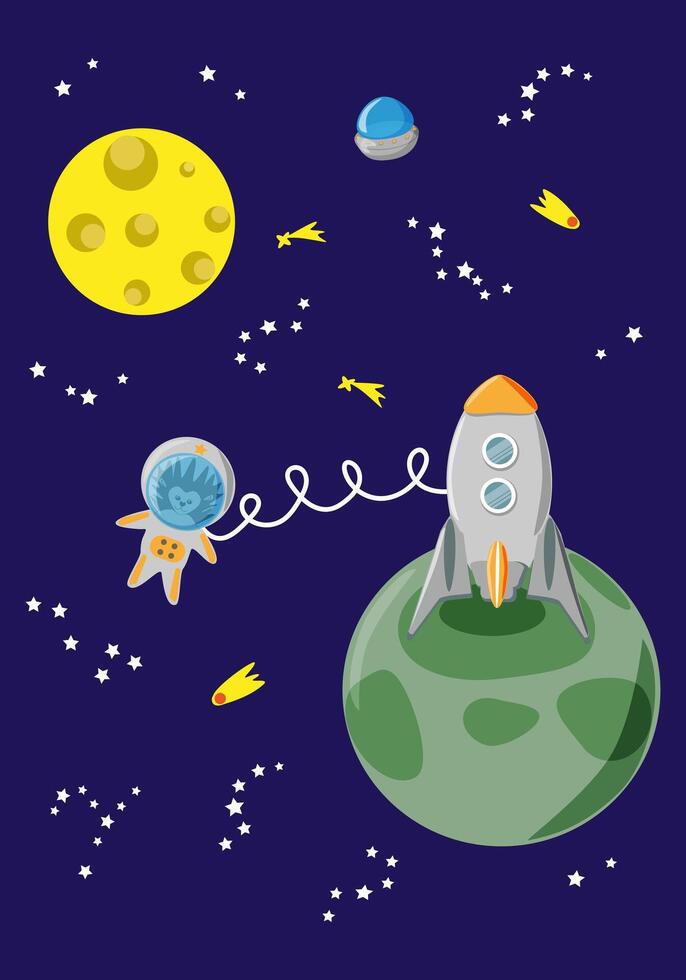 Space landscape with rocket and hedgehog astronaut - vertical vector