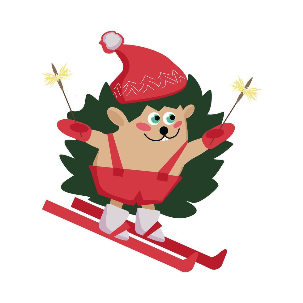 Hedgehog in a hat on skis with sparklers vector