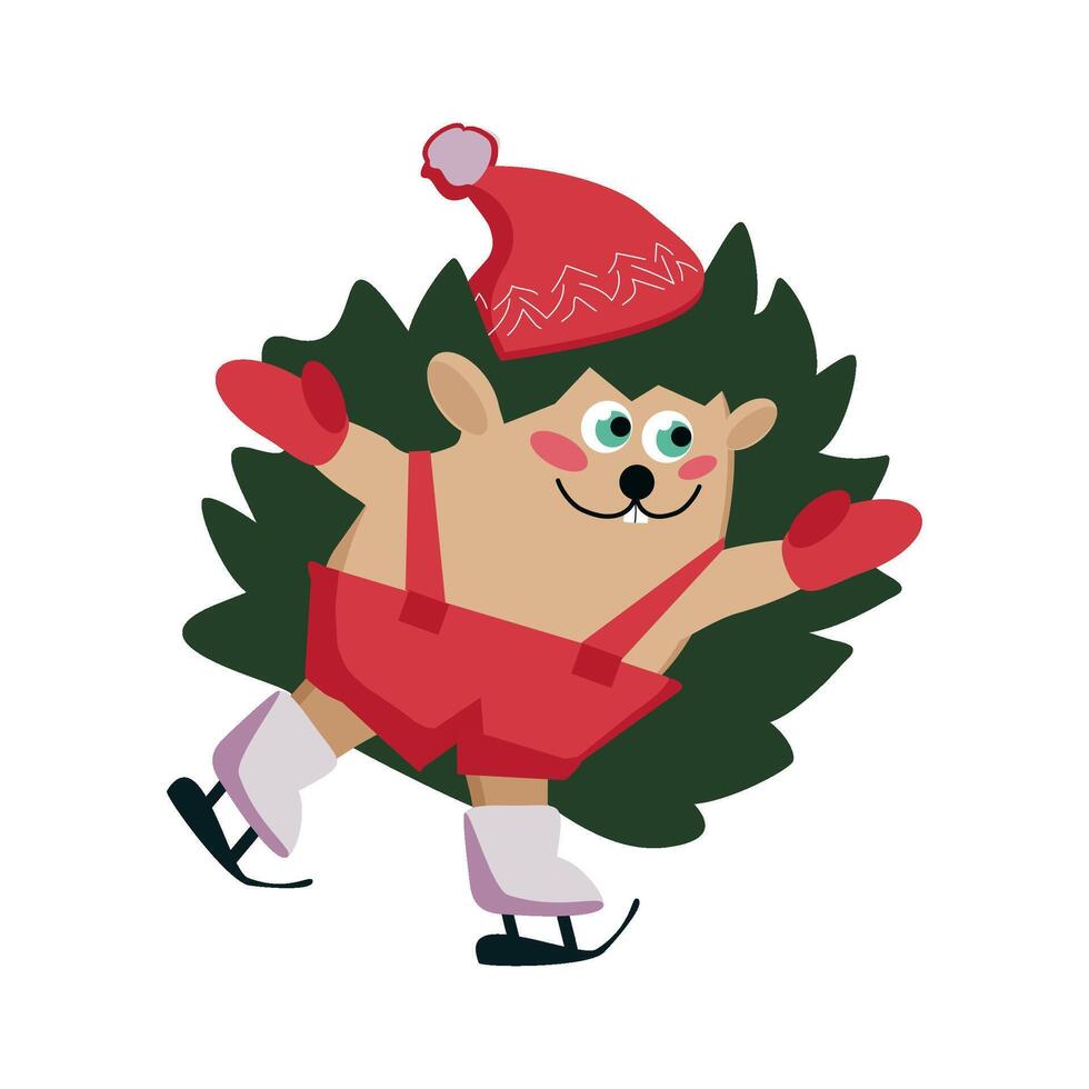 Hedgehog in a hat and mittens on skates vector