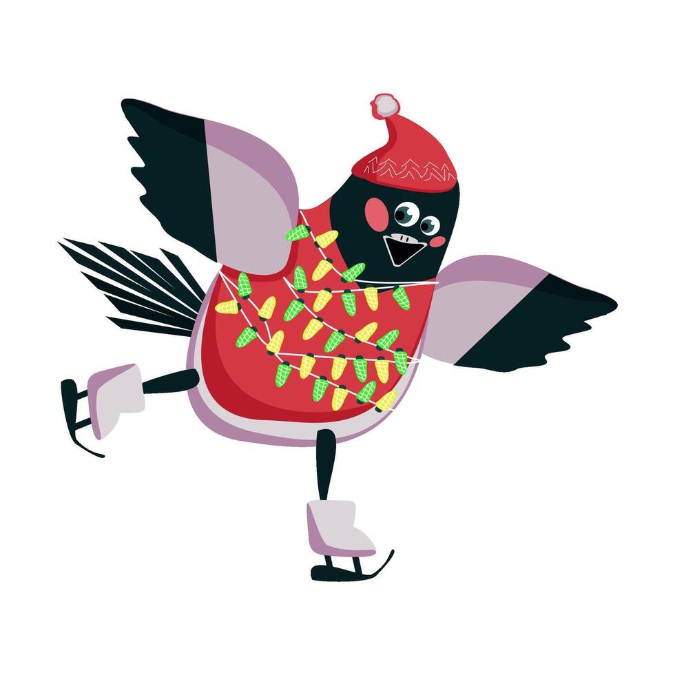 Bullfinch in a hat and garland on skates vector