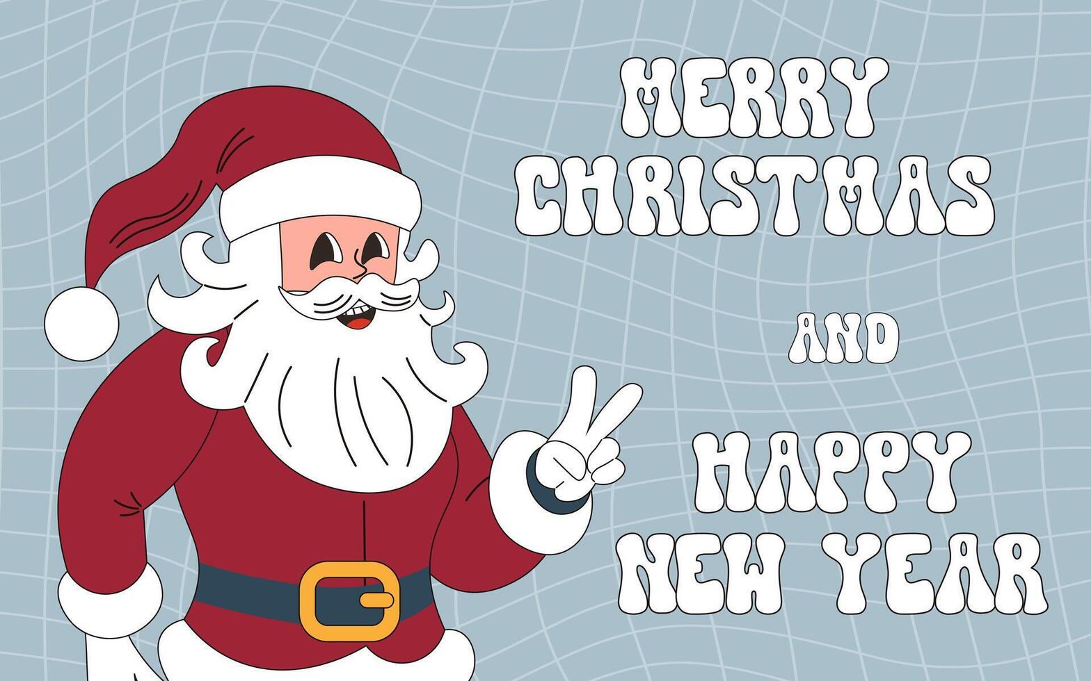 Merry Christmas and Happy New Year. groovy funky poster. Santa Claus in trendy funky retro style. Greeting card, template and poster vector