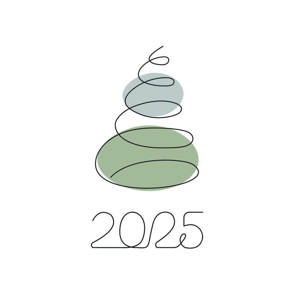 Christmas tree and inscription 2025 drawn in one continuous line. Greeting banner or postcard. Minimalist black linear sketch with color spots. vector