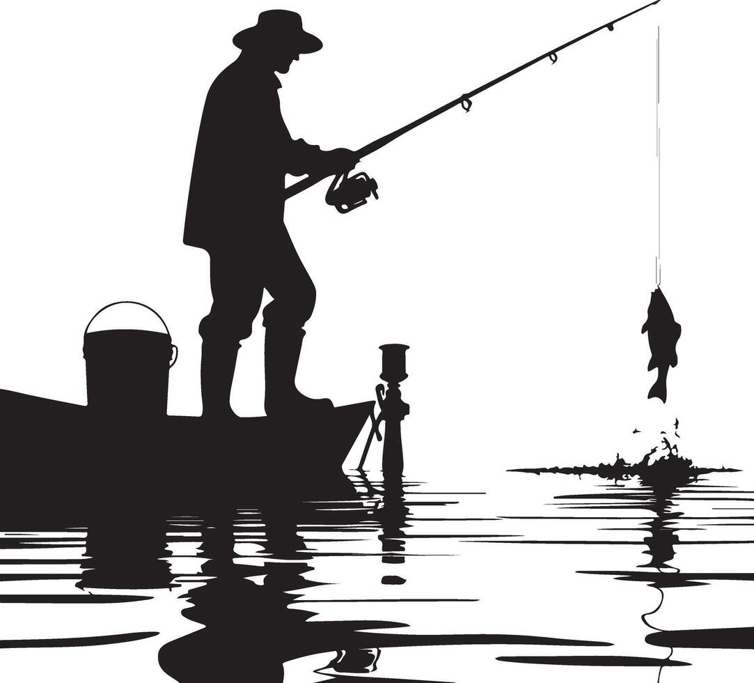 Silhouette of a fisherman on a boat with a fish vector