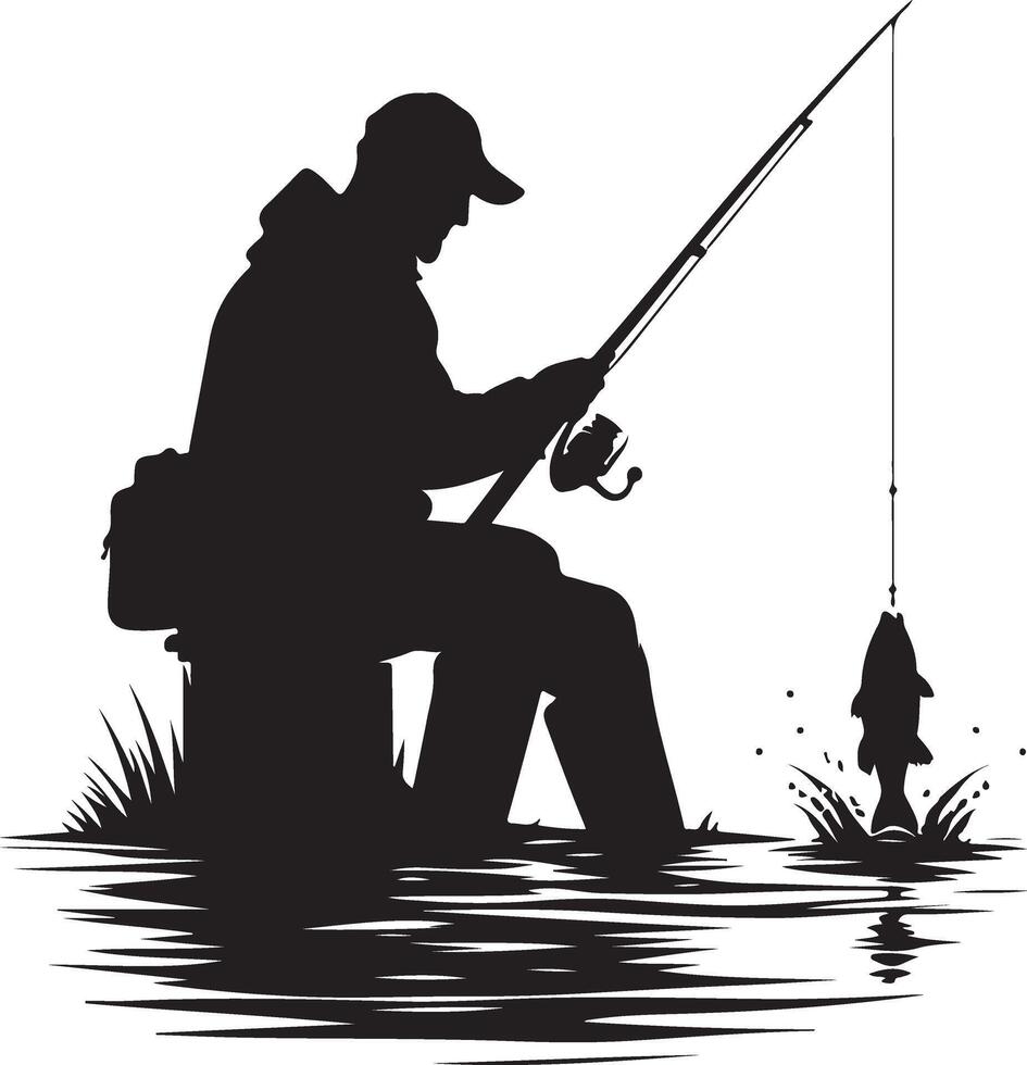 Silhouette of a fisherman fishing on a lake vector