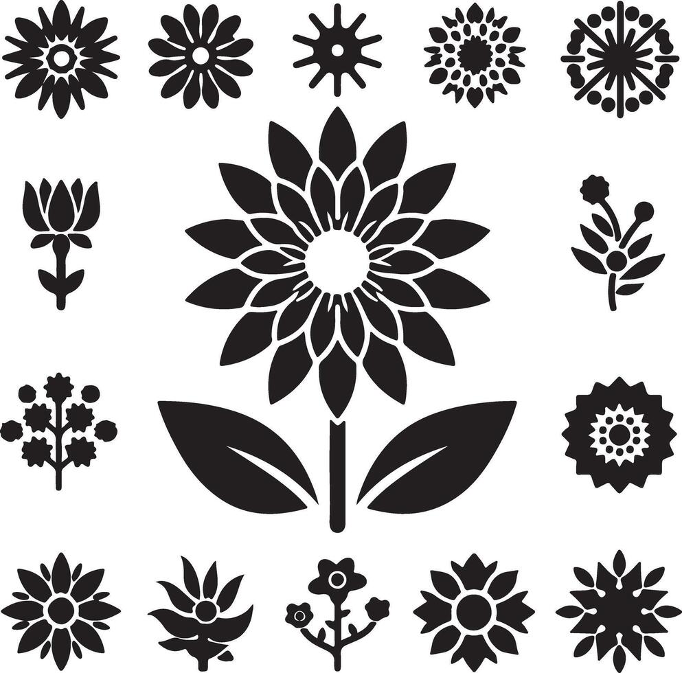 A set of black and white flowers and leaves vector