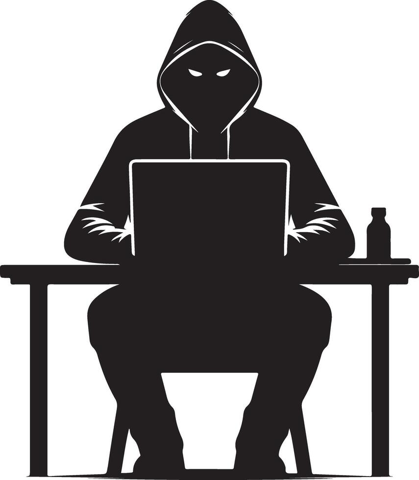 A silhouette of a man in a hoodie sitting at a table with a laptop vector