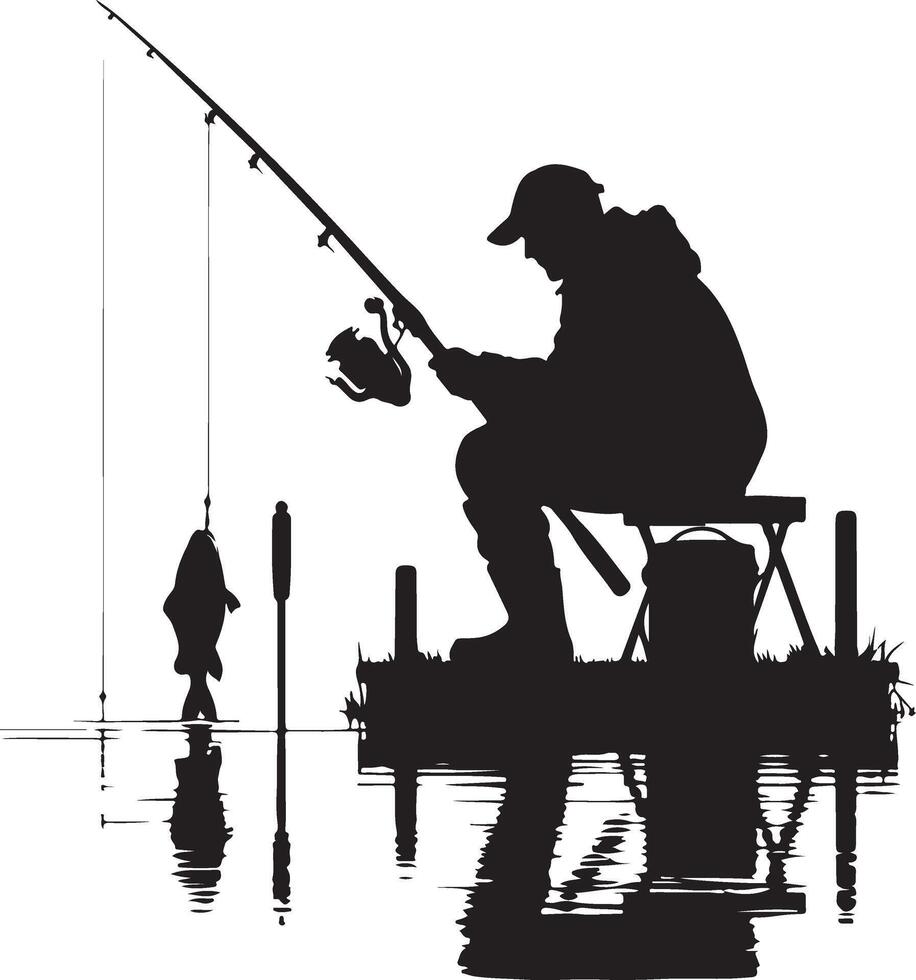Silhouette of a fisherman fishing on a lake vector
