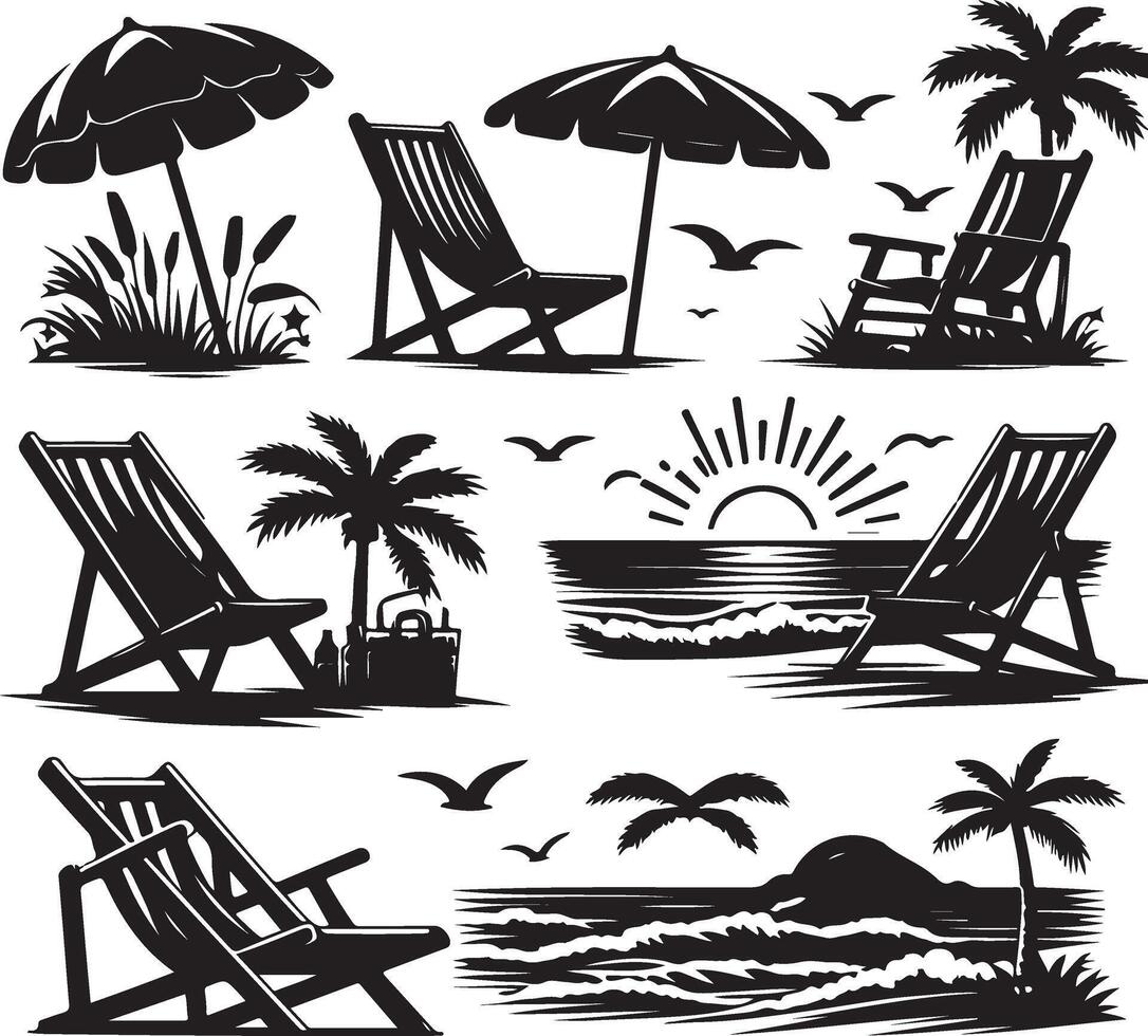 Beach chairs, umbrellas and palm trees silhouettes set vector